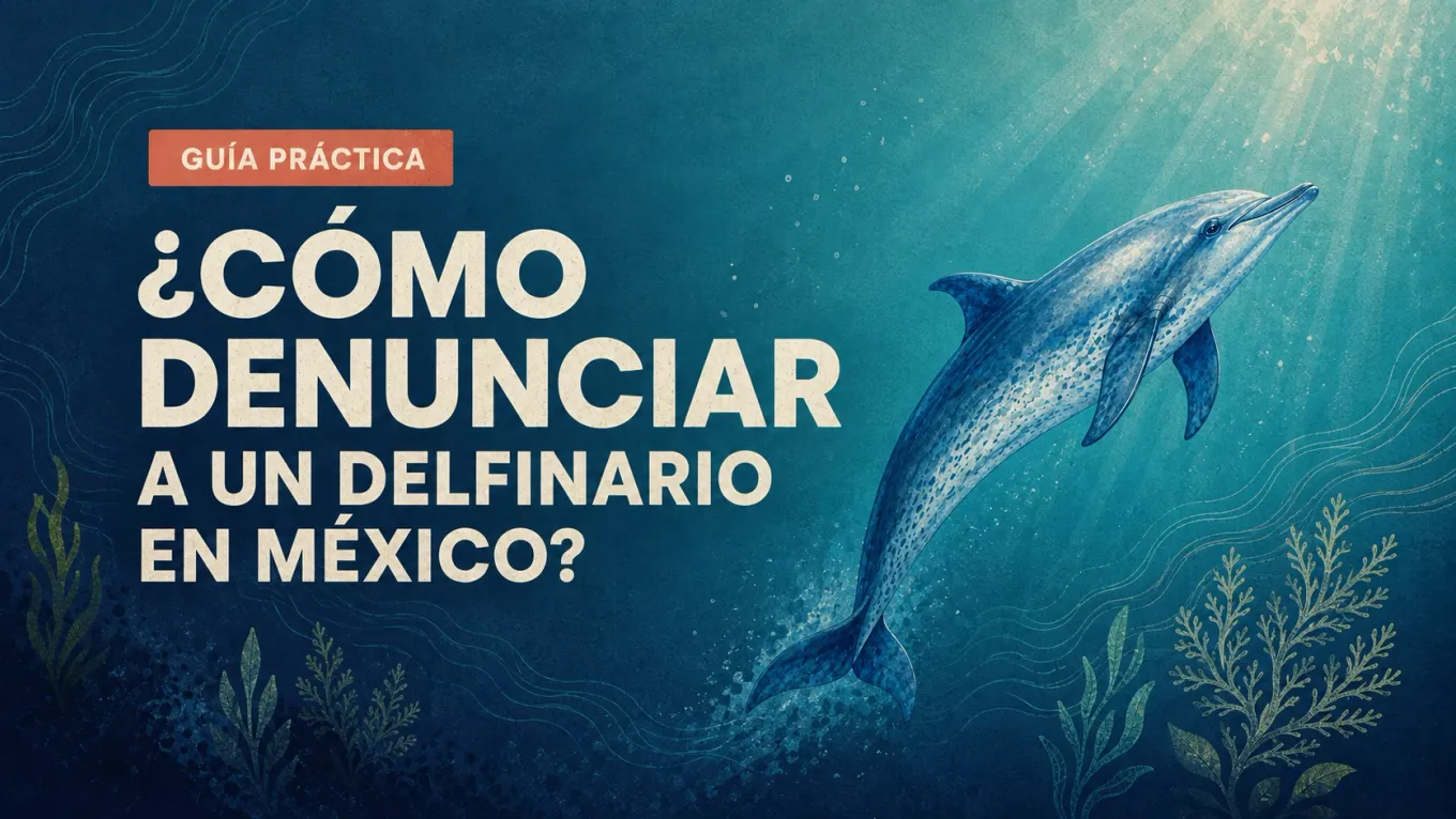 Delfín moteado que asciende hacia la luz junto al título de la guía para denunciar un delfinario en México.