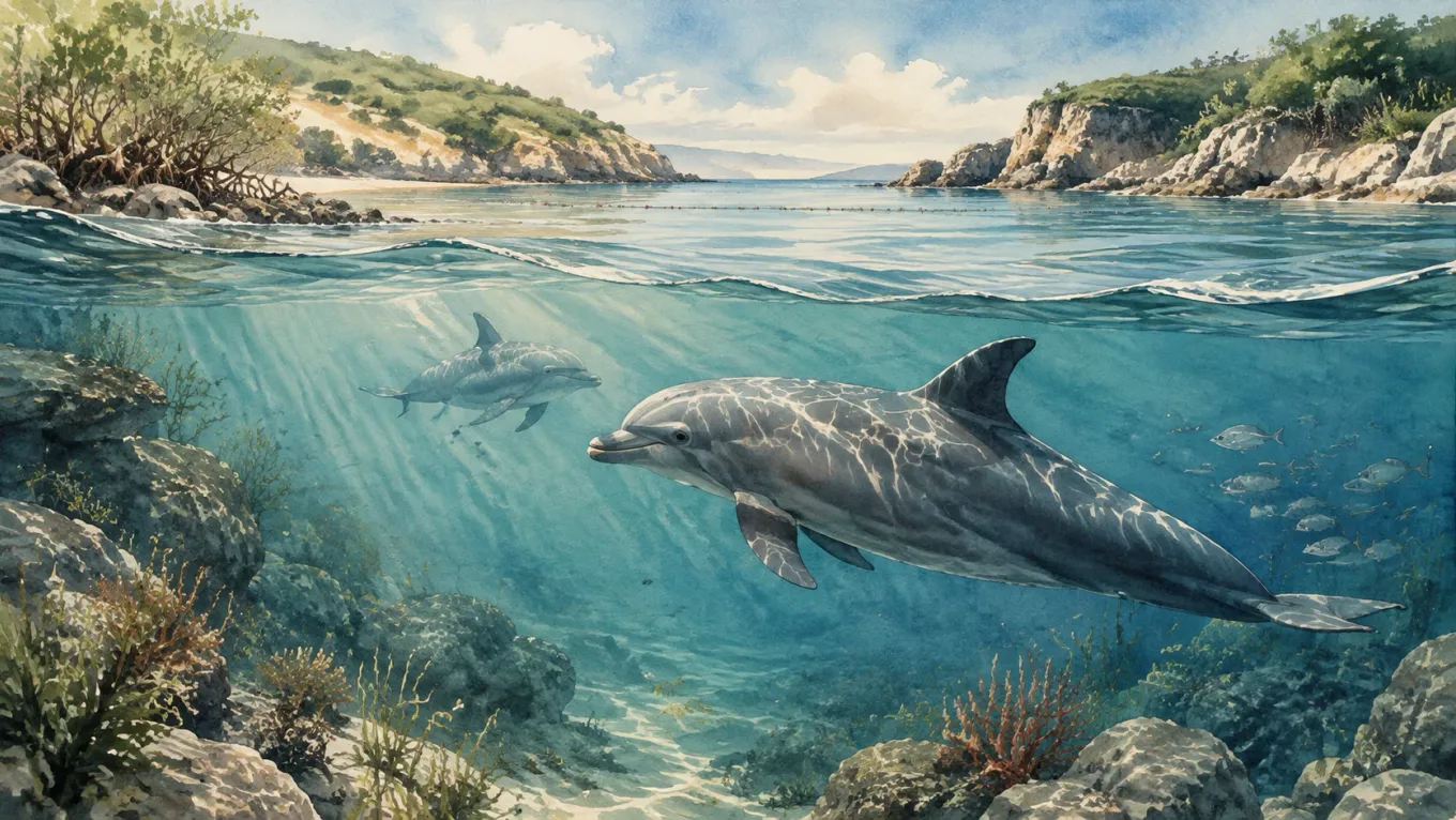Two dolphins swim through a protected coastal bay open to the sea.